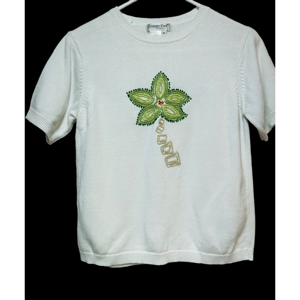 Coldwater‎ Creek White Short Sleeve Sweater Small Embroidered Tree Design